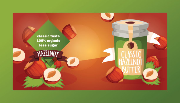 坚果载体坚果壳榛子与黄油巧克力蜂蜜在玻璃罐设置背景有机食品营养与榛子插图节食背景横幅图片下载