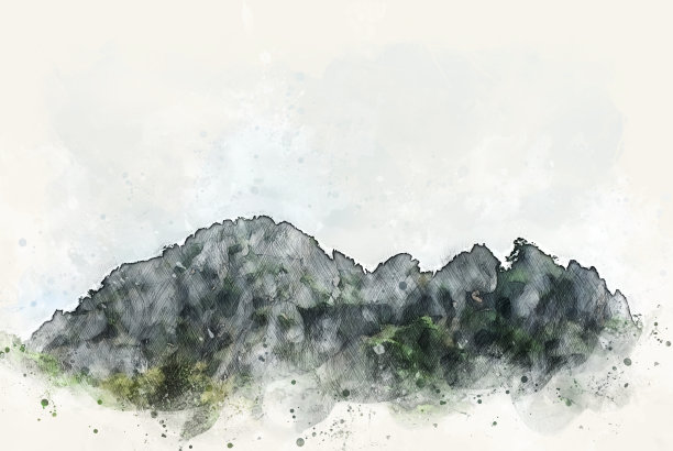 抽象色彩山、峰、树水彩插画背景。图片下载