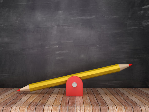 跷跷板比例与铅笔在黑板上的背景- 3D渲染图片下载