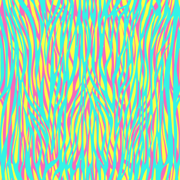 混乱不均匀的条纹抽象无缝图案，斑马纹，动物装饰，程式化的现代插画。色彩鲜艳的亮黄色绿松石粉红色缠绕波浪。壁纸、织物图片下载