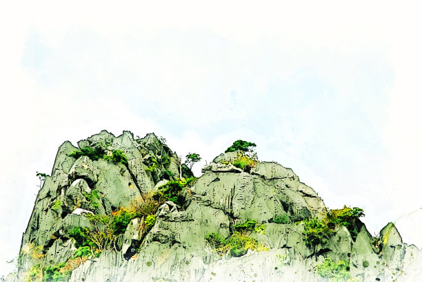 抽象色彩山、峰、树水彩插画背景。图片下载