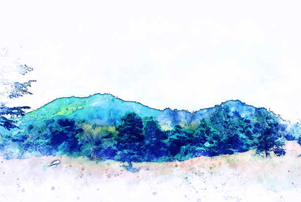 抽象色彩山、峰、树水彩插画背景。图片下载