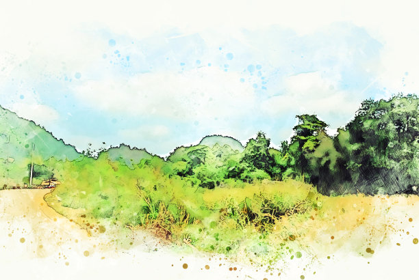 抽象色彩山、峰、树水彩插画背景。图片下载