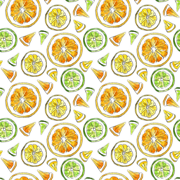 水彩手绘无缝柑桔图案:柠檬，柑橘，青柠，橙。非常适合包装果汁，冰淇淋和其他柑橘类水果产品图片下载