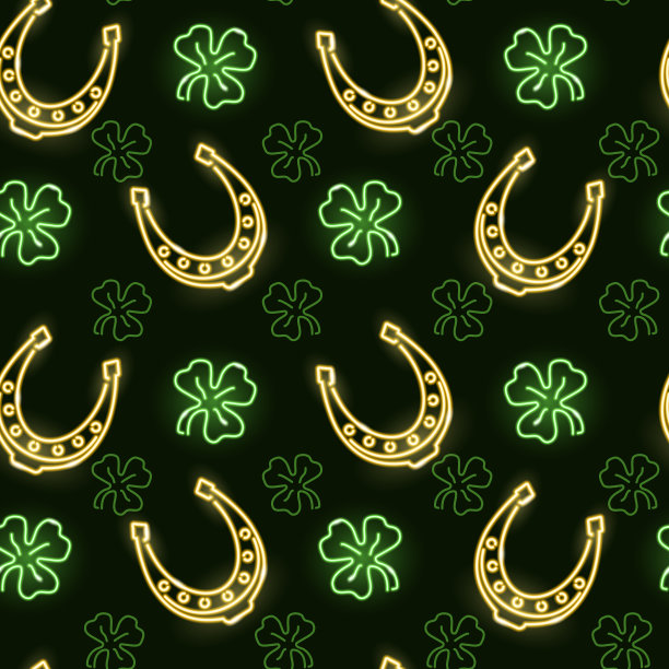 无缝模式与霓虹灯图标三叶草和金色马蹄在黑暗的背景。圣帕特里克节或好运概念。矢量10 EPS插图。图片下载