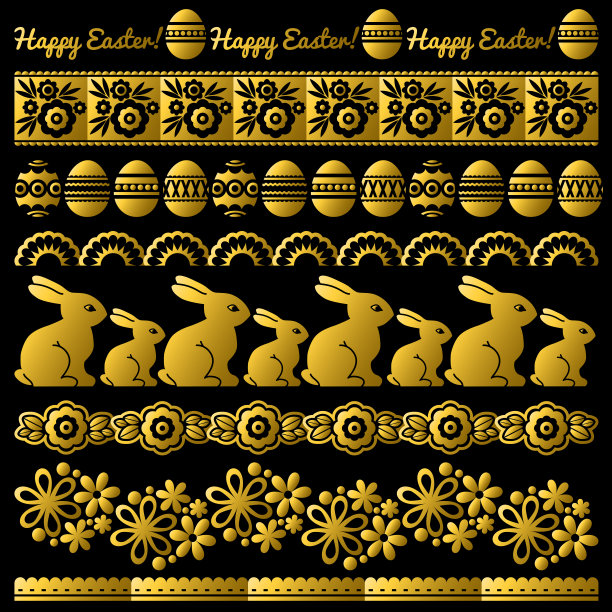 金色复活节蕾丝纸与花，兔子和鸡蛋。复活节可重复假期设计。可用于织物，壁纸，网页，贺卡，废品预订，矢量图片下载