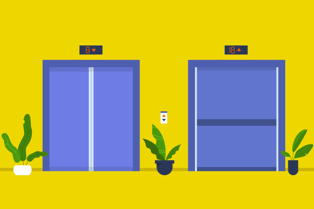 没有人。打开和关闭的电梯舱室。商务中心大厅。办公室。平日的生活。平面可编辑矢量插图，剪辑艺术图片下载