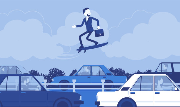 商人骑着现代速度板在塞车中冲浪图片下载