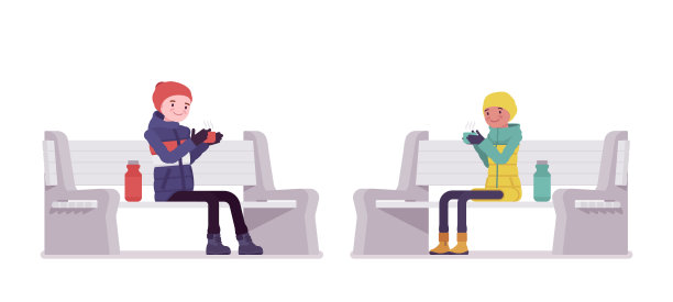 穿着羽绒服的年轻男女坐在长凳上图片下载