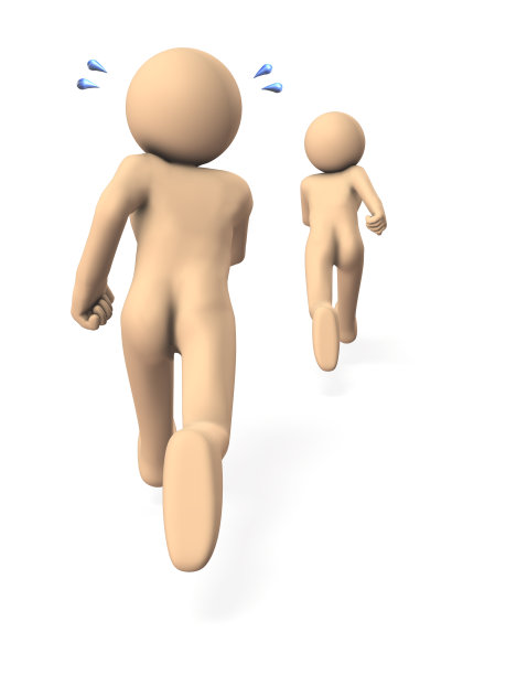 两个角色在赛跑。后者要拼命追上了。白色背景。三维演示图片下载