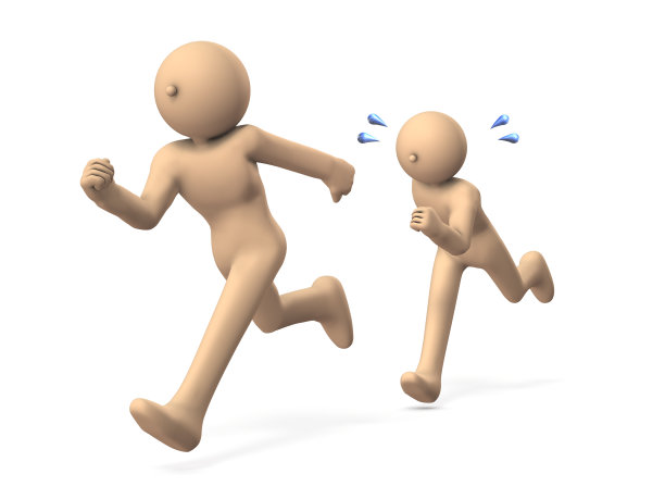 两个角色在赛跑。后者要拼命追上了。白色背景。三维演示图片下载