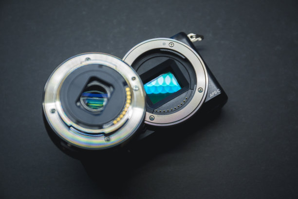 特写的无反光镜数码APS-C相机与分离镜头。图片下载