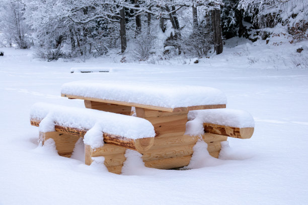 室外积雪的原木桌子。图片下载