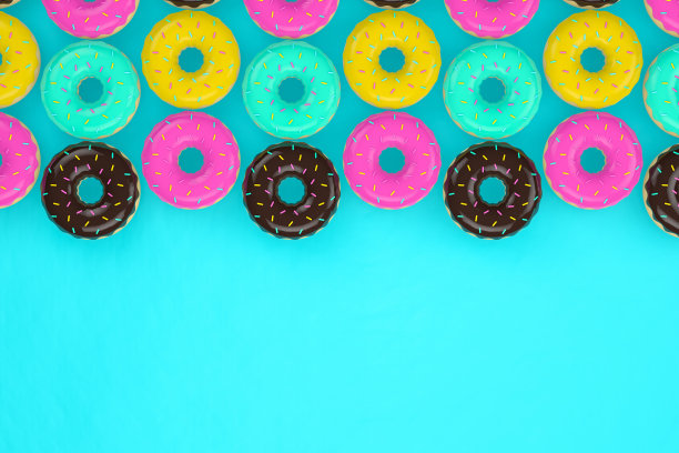 甜甜圈，俯视图，蓝色背景，平铺图片下载