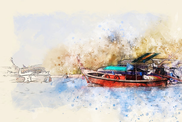 抽象彩色渔船在海上水彩插图背景画。图片下载