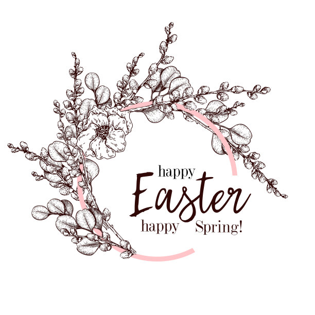 复活节贺卡。手绘矢量旗帜。柳枝花环与桉树和罂粟花。复活节快乐的春天。复古雕花春假装饰。传统的复古图标设置。图片下载