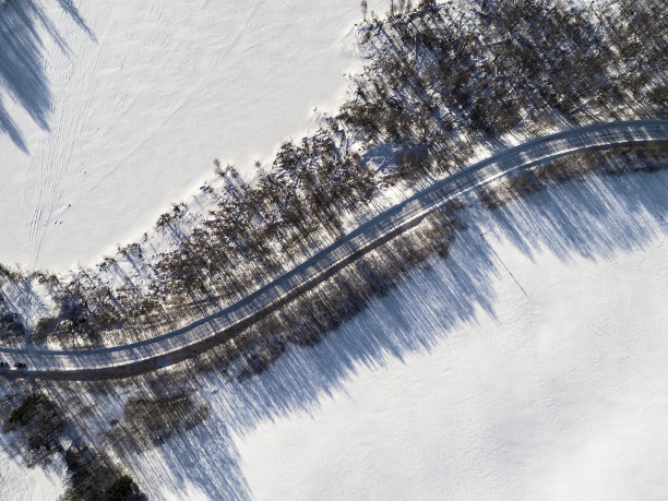 鸟瞰图的冬季道路之间的两个冻结的湖。冬天的乡村景观。航拍雪林和结冰的湖与道路。无人机从上面拍下的。航拍照片。冬天的雪花纹理。图片下载