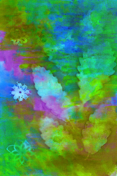 抽象的手绘织物，绿色，蓝色，粉红色的背景与树叶和花朵图片下载