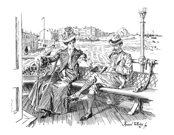 英国讽刺漫画卡通插图-夫妇坐在海边的长椅-插图图片下载