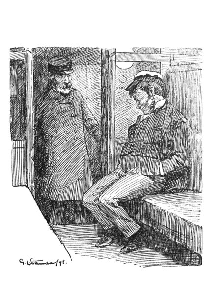 英国讽刺漫画卡通插图-火车售票员在火车车厢里与人交谈-插图图片下载