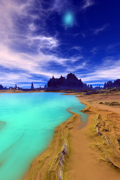 外星人的星球。山和水。三维渲染图片下载