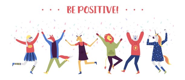 快乐积极的青年人物笑着跳着举手矢量插图。平面色彩，卡通风格，孤立在白色背景上。一群年轻人欢天喜地在一起。图片下载