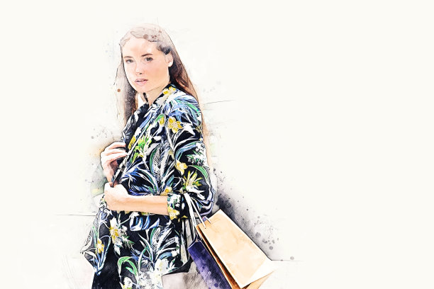 美丽的女人快乐和购物在首都城市的水彩插画画的背景。图片下载