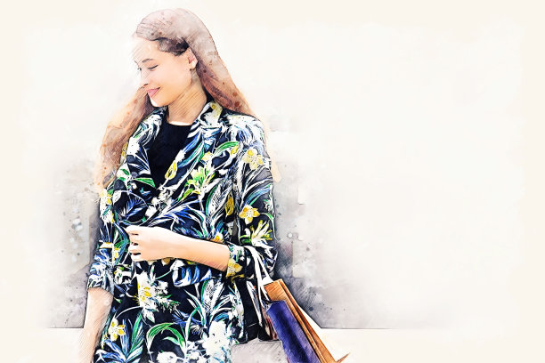 美丽的女人快乐和购物在首都城市的水彩插画画的背景。图片下载