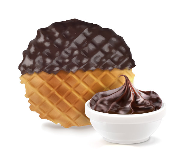 美味的巧克力酱华夫饼。酱汁在白酱船。矢量现实插图在白色背景。图片下载