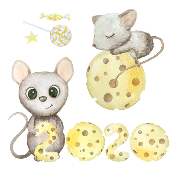 可爱的水彩老鼠孤立在白色背景。鼠标符号2020年新年图片下载