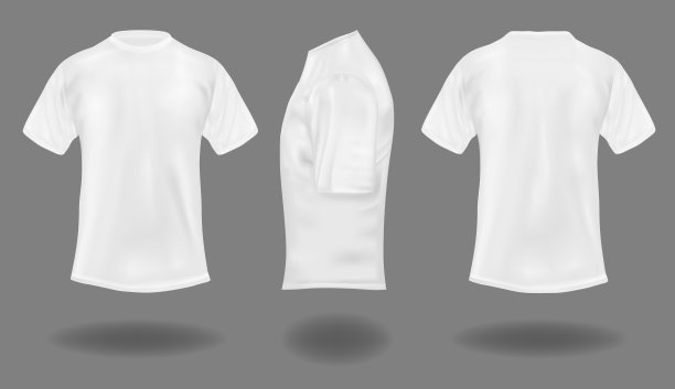 灰色背景上的白色t恤。正面，背面和侧视图。图片下载