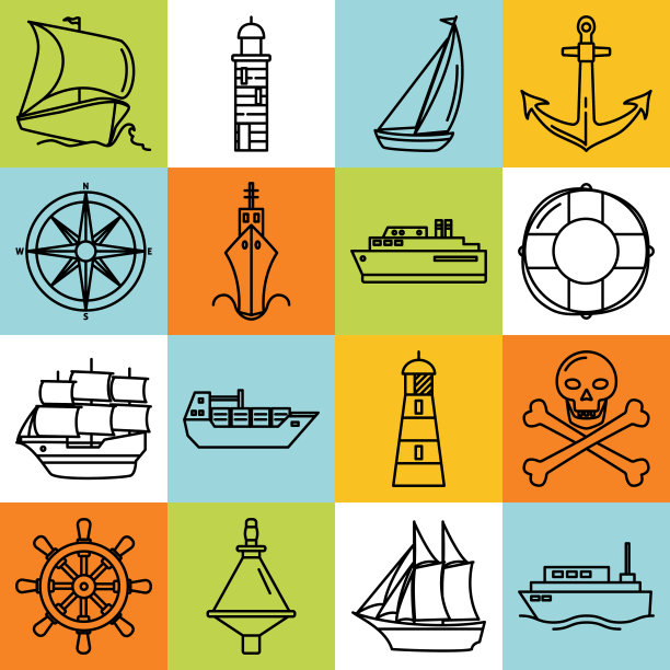 在线条风格的船舶和航海图标的海洋收集图片下载