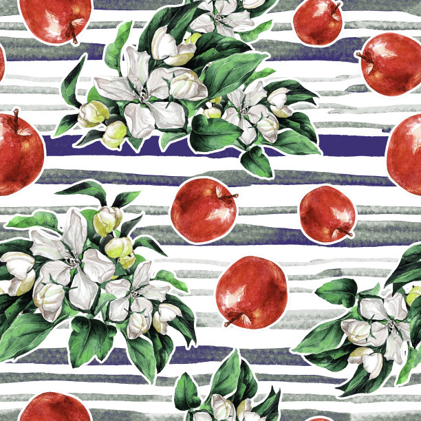 水彩无缝图案的树枝上有苹果树、苹果花和苹果。图片下载