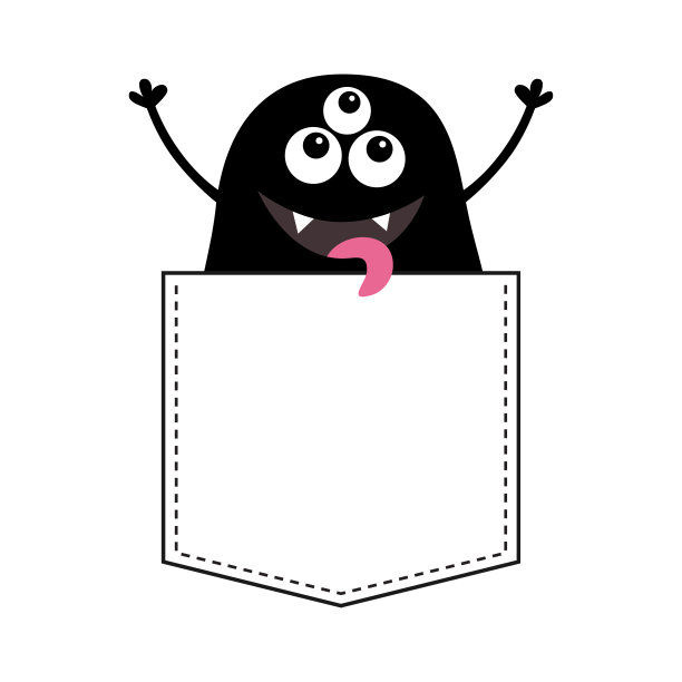 黑色怪物剪影在口袋里。举起手来。可爱的卡通恐怖有趣的人物。宝贝收藏。t恤的设计。眼睛，獠牙，舌头。白色背景。万圣节快乐。平面设计。图片下载