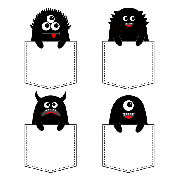 黑色怪物剪影集在口袋里。手牵手。万圣节快乐。可爱的卡通恐怖有趣的人物。宝贝收藏。t恤的设计。眼睛,尖牙。白色背景。平面设计。图片下载