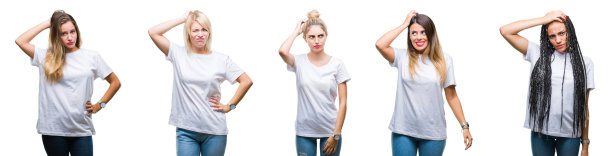 一群穿着休闲白色t恤的美女拼贴在孤立的背景上，困惑和疑惑的问题。不确定用怀疑，用手思考。沉思的概念。图片下载