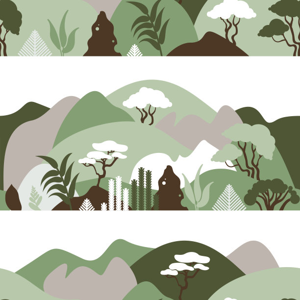 无缝模式。山地丘陵景观有热带植物和树木、棕榈树、多肉植物。北欧风格。环保、生态。公园，室外空间，户外。矢量插图。图片下载