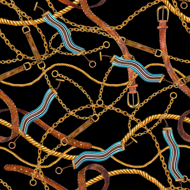 金色链条魅力无缝图案插画。水彩纹理与金色链和皮带。图片下载