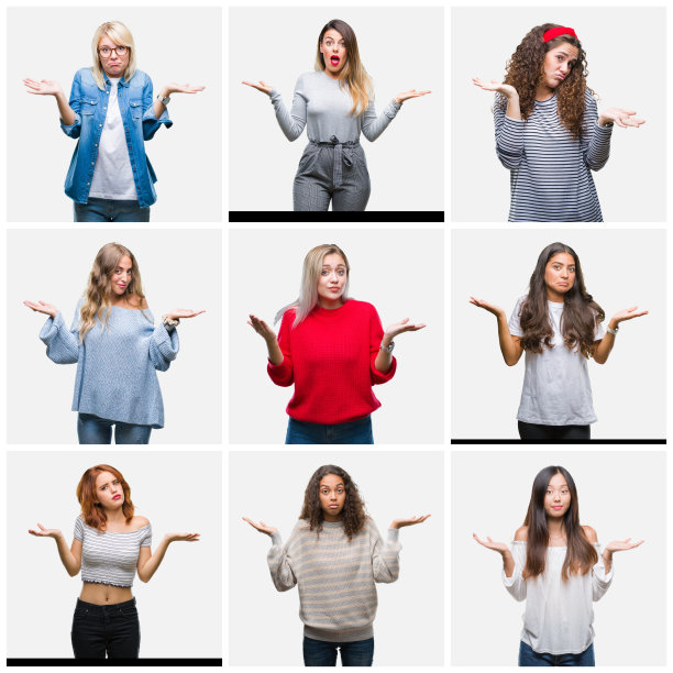 年轻美丽的女人在孤立的背景上的拼贴，手臂和手举起，毫无表情和困惑的表情。怀疑的概念。图片下载
