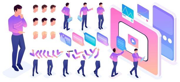 创造一个角色的等距构造器。设置2个姿势和手势，手，脚，头发，为角色的运动图片下载