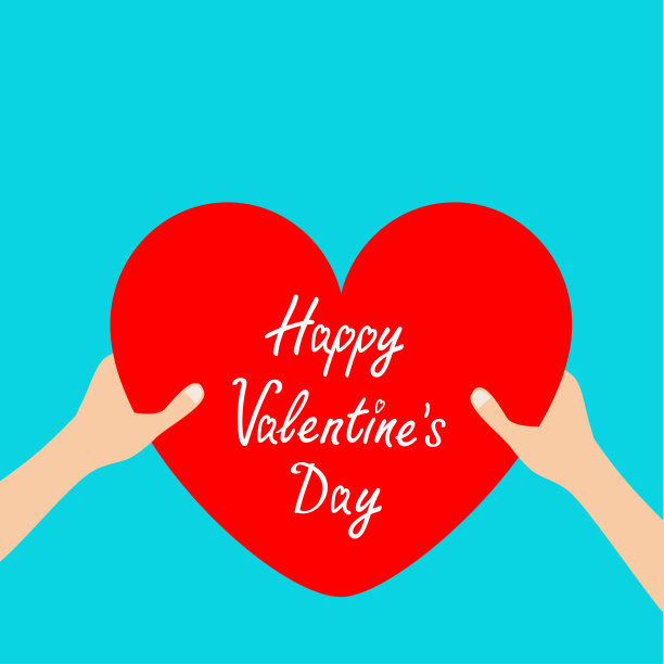 情人节快乐。双手抱着红心图标形状的标志。贺卡。平面设计风格。爱灵魂礼物概念。关闭身体部分。蓝色背景。孤立。图片下载