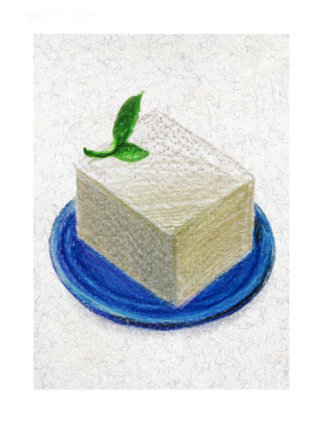 陶菲，蓝色盘子里有大豆奶酪和绿色蔬菜。图片下载