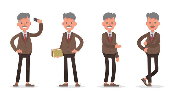 商人性格矢量设计。表现在各种情绪的动作中，站立，行走和工作。图片下载