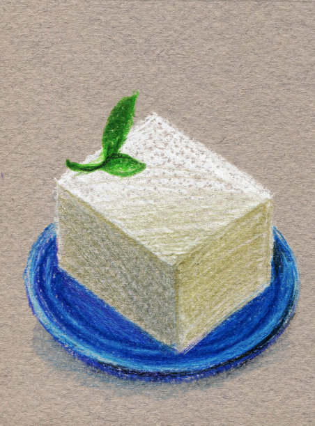 陶菲，蓝色盘子里有大豆奶酪和绿色蔬菜。图片下载