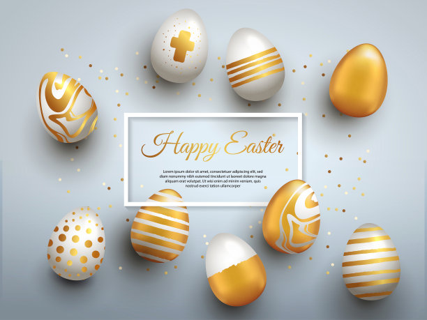 复活节旗帜设计与方形框架，金色华丽的鸡蛋和五彩纸屑。图片下载