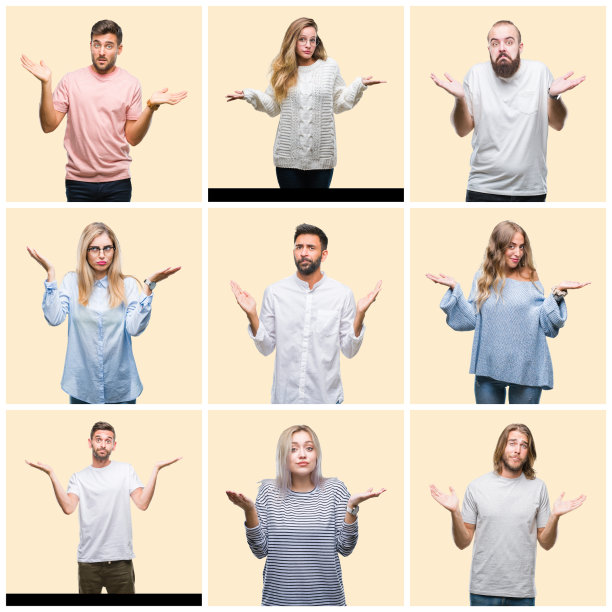 拼贴群人，女人和男人在五颜六色的黄色孤立的背景，毫无头绪和困惑的表情与手臂和手举起。怀疑的概念。图片下载