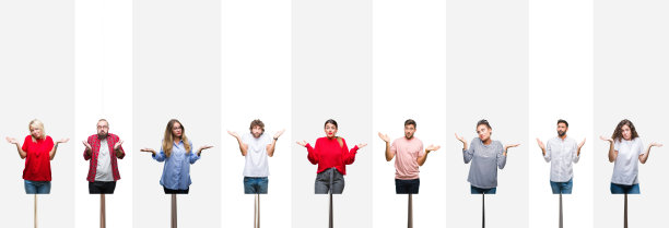 不同种族的拼贴画，年轻人在白色条纹孤立的背景，毫无表情和困惑的手臂和手举起。怀疑的概念。图片下载