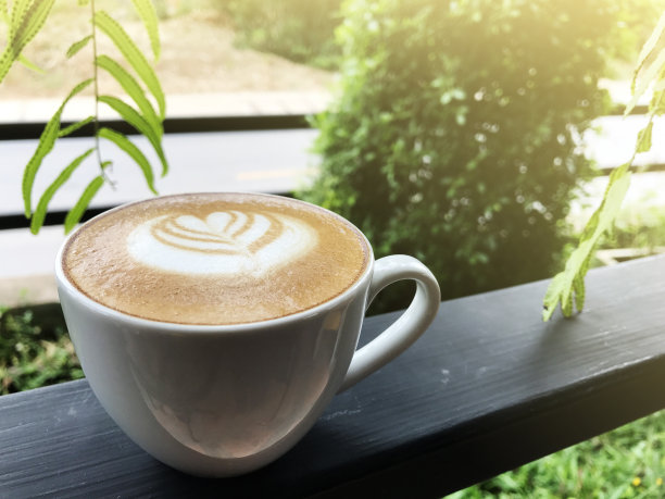 在花园的白色杯子里放上特别的拿铁艺术咖啡，放松心情，早上的咖啡时间。图片下载