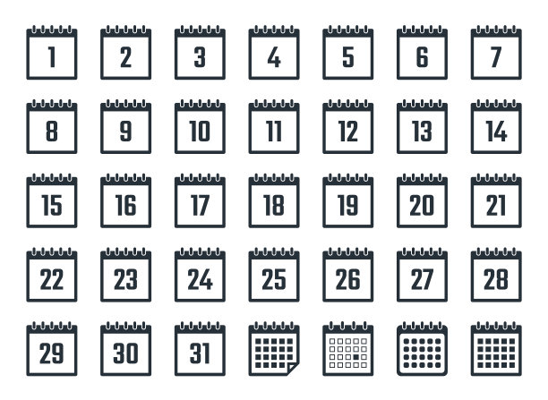 日历图标，日期从1到31，矢量插图图片下载