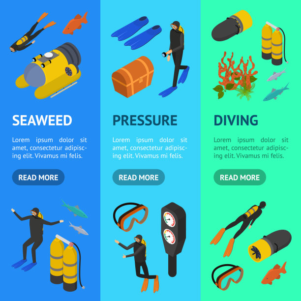 水肺潜水标志3d旗帜垂直集等角视图。向量图片下载